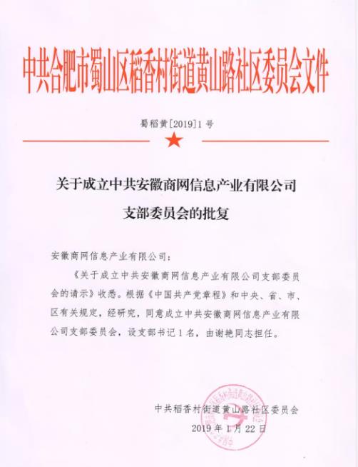 会上，首先由蜀山区黄山路党支部洪书记代表上级党委正式宣读《中共合肥市蜀山区委员会关于成立中共安徽商网信息产业有限公司…