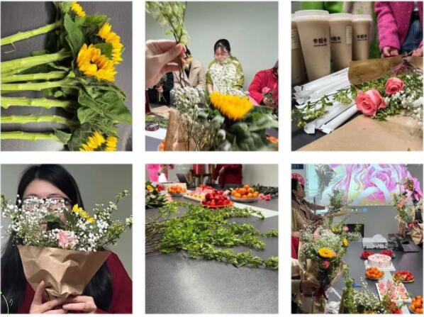 “巧手插花攒花香 共享春甜暖人心”，她们一个个兴致盎然，边看边学，精心构思，只见一枝枝花朵在她们的巧手修剪、搭配之下…